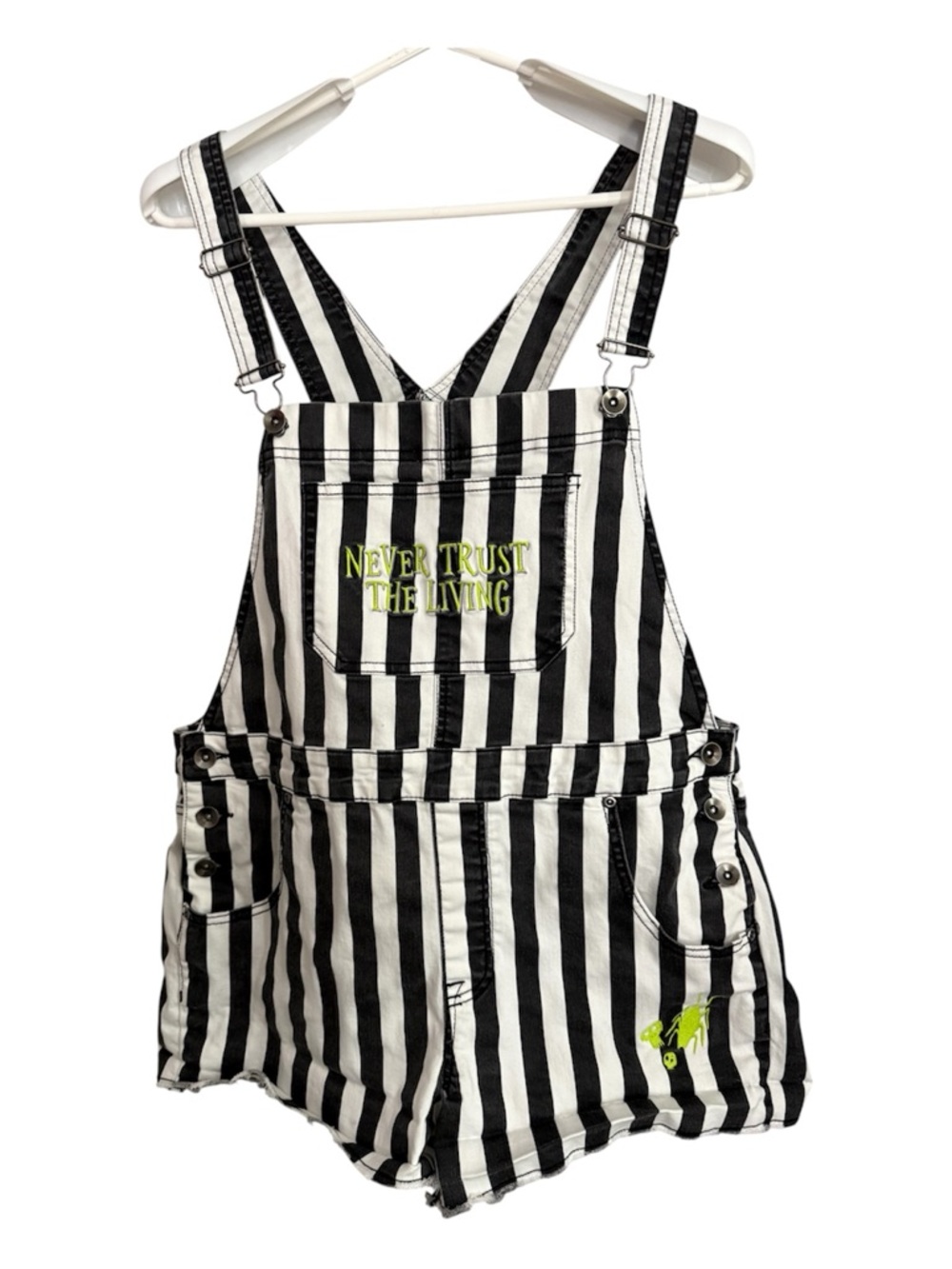 Beetlejuice Black & White Striped Overall Shorts "Never Trust the Living" Large